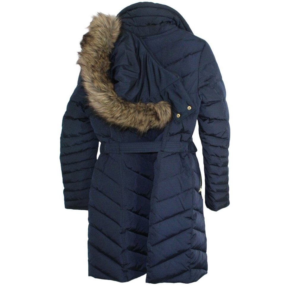 MICHAEL KORS Down Blend Puffer Hooded Belted Mid Length Navy Blue Coat - Large - Picture 3 of 6